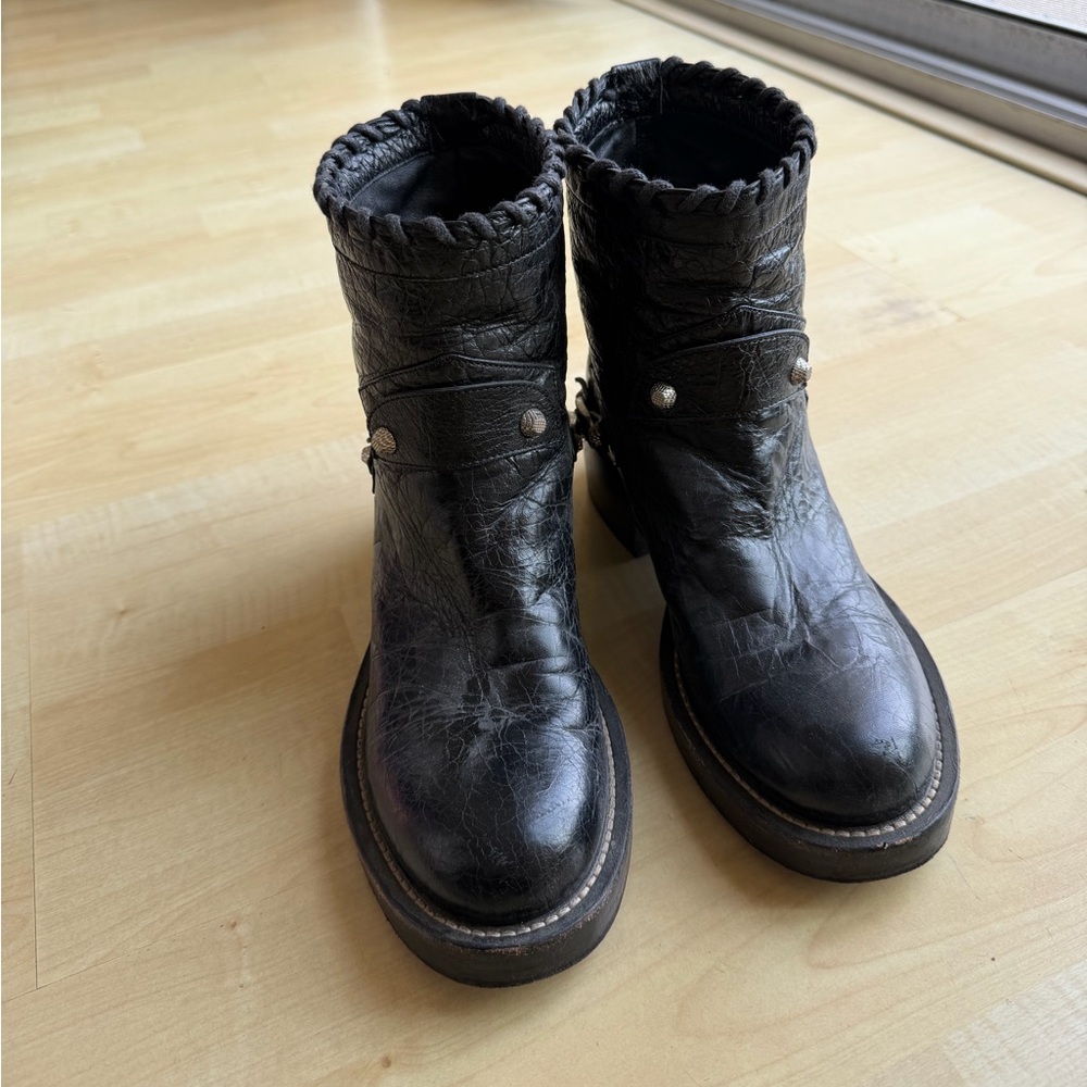 Balenciaga Black Leather Moto Ankle Boots